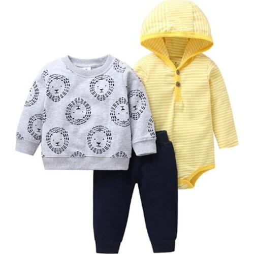 2019 New 3pcs Set Baby Boys Girls Cartoon T-shirt long Sleeved bodysuit Print Pants PP Cotton Newborn stripe Clothing Sets