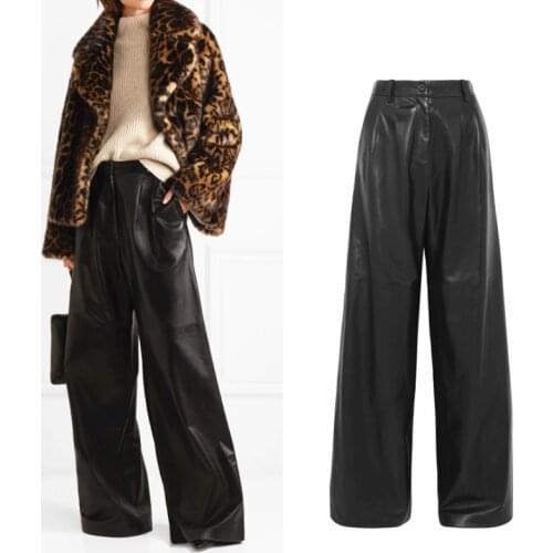 Can fit 190cm height longer length Fashion brand water wash PU leather pants female punk hip bag wide leg leather trousers wq274