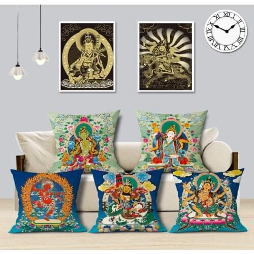 Thang-ga Painting Art Decorative Cushion Cover Religious Buddha Statue Printed Pillow Case Sofa Home Decor Linen Pillow Cover