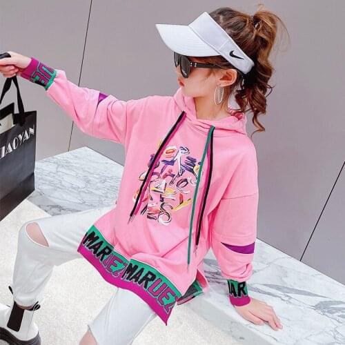 Childrens Clothing Girls Fashion Letter Hooded Sweater 2021 Spring Autumn Tops Little Girl Long-sleeve Mid-length Casual Blouse