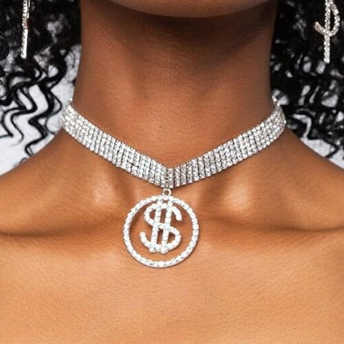 Stonefans Statement Rhinestone Money Pendant Necklace Choker Women Fashion Multi Layer Choker Necklace Dollar Sign Jewelry Party
