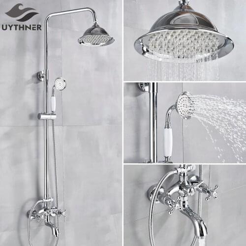 Chrome Shower Faucet Bath Shower Mixer Tap 8" Rainfall Shower head Bath Shower Set W/ Hand Shower Bathtub Faucet Wall Mounted