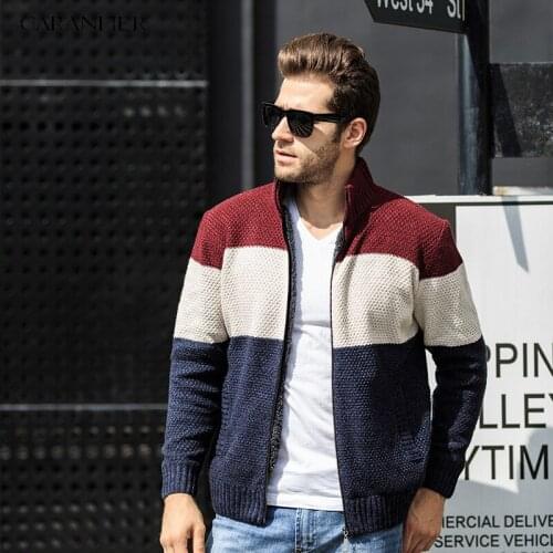 CARANFIER stripe Winter Sweater Men Cardigan Military Cashmere Sweater Stand Collar Zipper Sueter Hombre Cardigan Masculino 3XL