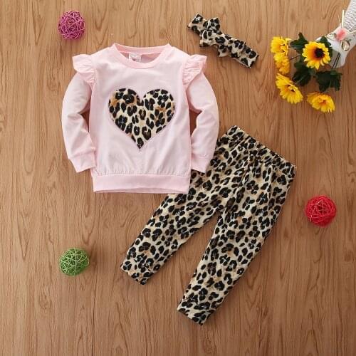 Long Sleeve Girl Set 3pcs Girl T shirt + Pants + Headband Leopard Girls Pants Set Casual Kids Sports Suit Clothes