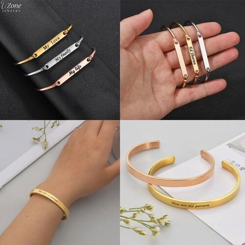 Trendy Customized Engrave Polished Bangles Stainless Steel Personalized Names Letters Cuff Bracelets for Women Gifts Jewelry