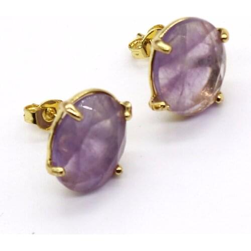 Trendy-beads Unique Light Yellow Gold Color Oval Shape Amethysts Stone Stud Earrings For Women Jewelry