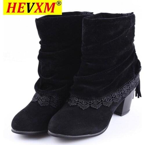 Fashion Women Boots Sued Leather Round Toe Ankle Boots Sexy Lace Ladies 7cm High Heels Tassel Shoes Woman Winter