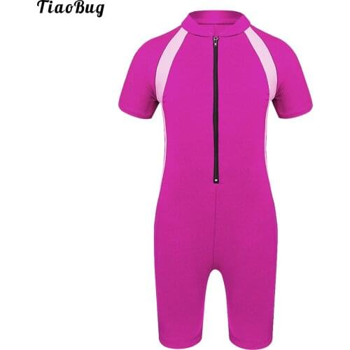 TiaoBug Fashion Summer Kids Girls One-Piece Short Sleeves Zippered Shorty Swimsuit Swimwear Wetsuit Beach Suit Rash Guard