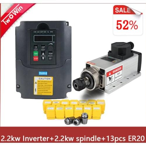 2.2kw Air-cooled Spindle Motor Kit 2200w CNC Spindle 24000rpm Milling Motor+2.2kw /220V Inverter+ ER20 Collet for CNC Router