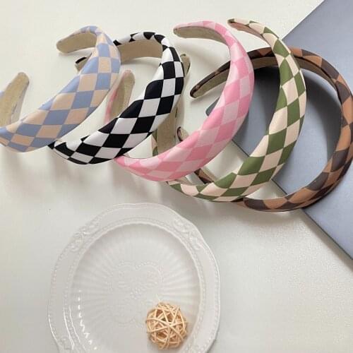 Vintage Wide Padded Rhombus Plaid Hairband Simple Flat Patchwork Headband Comfy Bezel Hair Hoop Accessories For Women Girls
