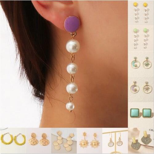 Wholesale Vintage Boho Crystal Square Round Shape Pearl Drop Earrings for Women Baroque Bohemian Four Seasons Earrings Jewelry