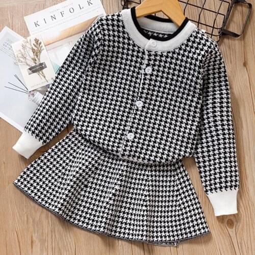 Autumn Elegant Girls Princess Dress Girls Knit Suit Long Sleeve Plaid Jackets+Dress Suits Sweet Children Clothing 2PC Dress