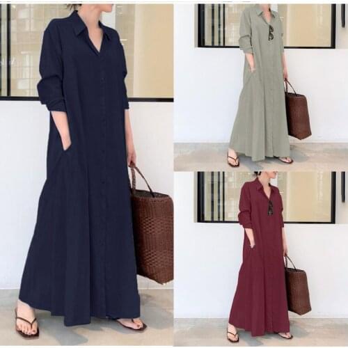 Casual Linen Long Dress Women Autumn Solid Pockets Shirt Dress Buttons Evening Party Dresses Sundress Fashion Female Vestidos