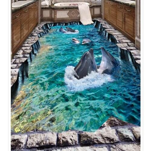3d floor painting wallpaper Sea dolphin square street park 3D floor pvc self-adhesive wallpaper 3d flooring