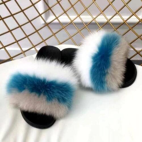 Female Fashion Fur Flip Flops Womens Summer Fox Fur Slippers Fluffy Plush Home Shoes Woman Fur Slides Ladies Cute Furry Sandals