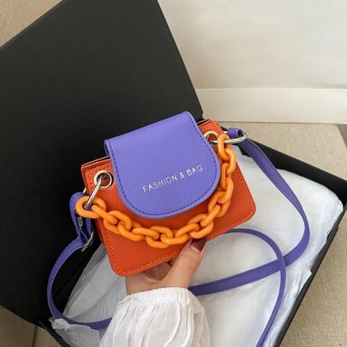 Youth Ladies Simple Versatile Bag Women Mini Crossbody Bag Acrylic Chain Lady Hit Color PU Leather Shoulder Pouch
