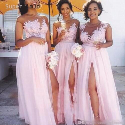 SuperKimJo Vestido Madrinha Blush Pink Lace Applique Bridesmaid Dresses Long 2020 Chiffon Sexy Wedding Guest Dresses
