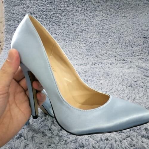 Light Blue Satin Pumps High Heel Dress Popular Party Ladies Office Women Pumps Spring Summer New Pointed Toe Stiletto 12cm Heels