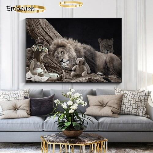 Embelish 1 Pieces Wild Animals Lion And Little Girl Modern Home Decor Wall Pictures For Living Room HD Print On Canvas Paintings