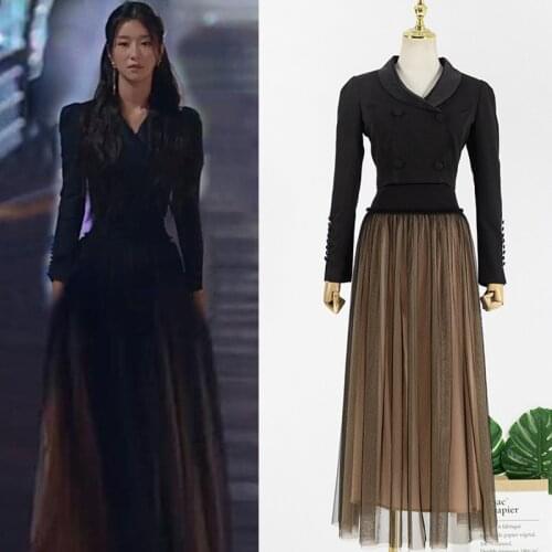 Kpop Seo Yea Ji same fashion black lapel slim long sleeve jackets short coat+sexy High waist mesh skirts women two peice outfits