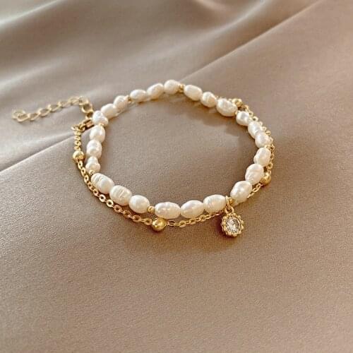 Korean Fashion Women Jewelry Simple Pearl Zircon Double Layer Wearing Bracelet Charm Women Dance Party Bracelet Birthday Gift
