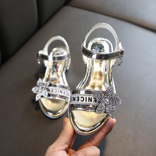 3 8 9 10 11 12 Years Fashion Crystal Flower Sandals Kids Dress Shoes For Little Girl Beach Elegant Summer Child Leather Sandals