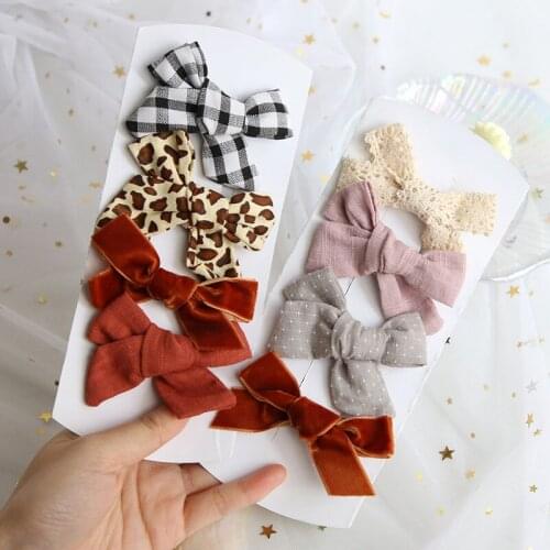 4Pcs/Set Cute Bow Baby Hair Clips Solid Color Baby Girl Barrettes Lace Leopard Kids Headwear Kawaii Baby Hair Accessories Set