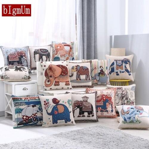 45x45cm Elephant Print Pillowcase For Living Room Linen Cotton Pillowcover Home Pillow Cover Bedroom Throw Pillow Case 2018 New