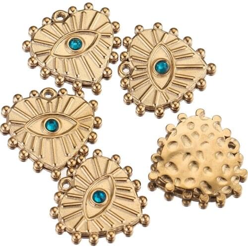 5pcs/lot Gold Heart Blue Evil Eye Stainless Steel Charms Dangles Pendants Rhinestone for DIY Earrings Bracelet Jewelry Making
