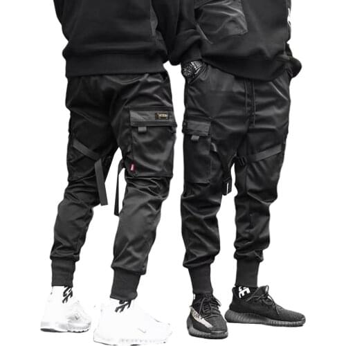 Mens Cargo Harem Pants Side Pockets Ribbons Black Hip Hop Casual Male Joggers Trousers Fashion Casual Streetwear Pants