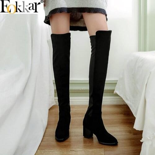 Eokkar 2020 Plus Size 45 Over The Knee High Boots Square Toe Thick Heels Slip On Black Elastic Stretch Winter Boots Size 34-45