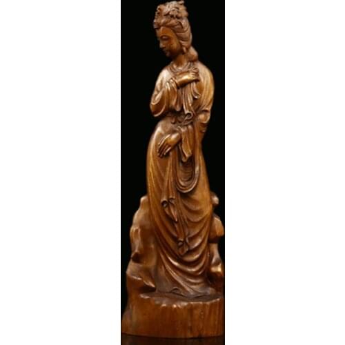 JY004 - 22.5X8.3X6.5 CM Hand Carved Boxwood Carving Figurine : Girl Lady Woman Geisha