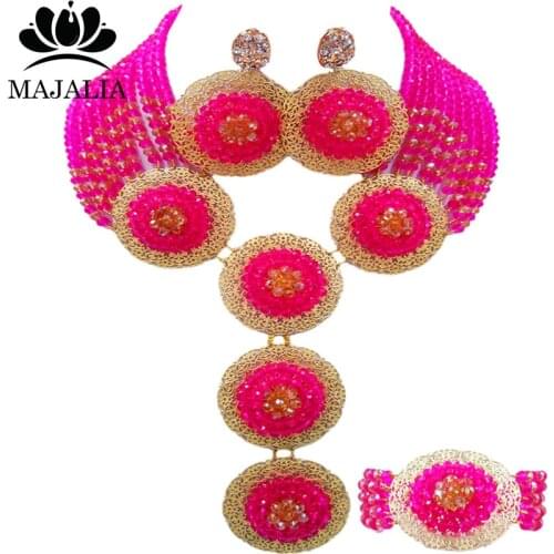 African Dress Accessories Classic Fuchsia Pink and gold ab Crystal Jewelry Nigerian Wedding Bridal Wedding Jewelry Set SJ-40