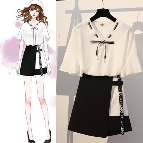 Summer Fashion Slim Two Piece Sets Skirts Sets Women Chiffon Tops & Skirts Set Suit Woman Plus Size Sets Temperament Simple Sets