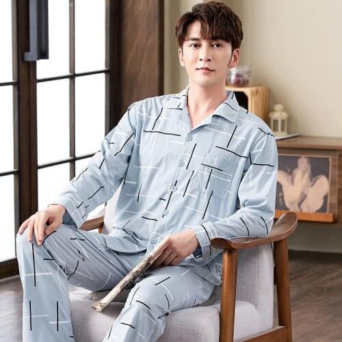 Fashion Autumn Button Cardigan Pajamas Sets For Men Winter Full Pure Cotton Male Sleepwear Home Clothes Blue Lounge Nightwear