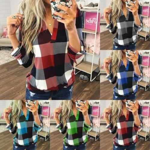 New Women V-Neck Check Lattice Shirt Long Sleeve Lady Casual Loose Tops Plus Size S-3XL Blusas Mujer De Moda