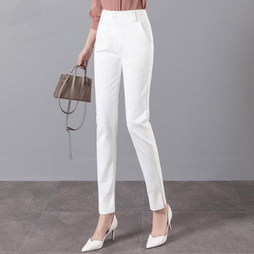2020 New Spring Autumn Fashion Cotton Straight Flat Pocket Suit Pants Office Ladies Vintage Zipper Fly High Waist Trousers N87