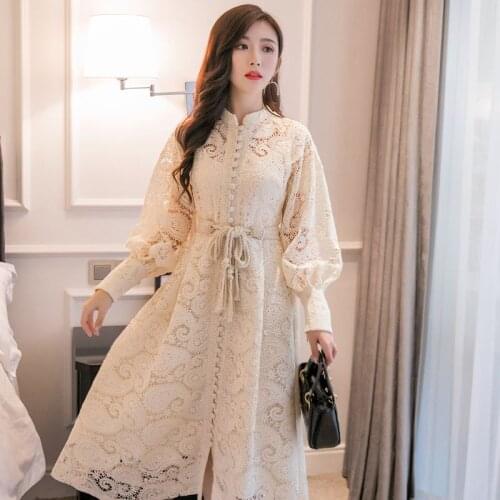 Autumn High Quality New Women’s Fashion Lantern Sleeve Bow Lace-up Lace Dress Vintage Hollowed Out Flower Embroidery Dresses