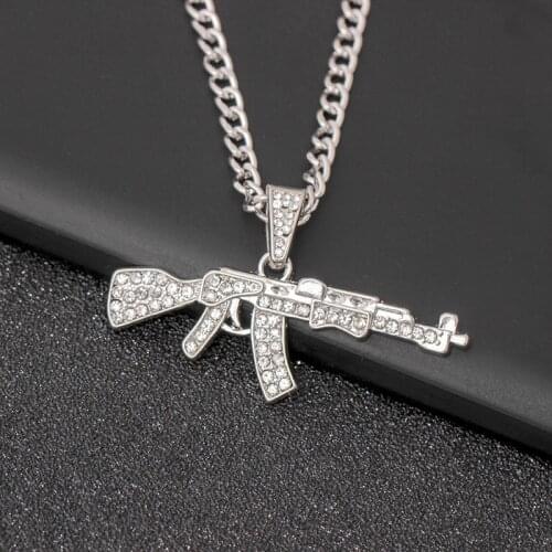 HipHop Rhinestone Necklace Gold Silver Color Stainless Steel Ak 47 Gun Pendants Necklace For Men Rapper Fashion Jewelry Choker