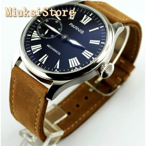 Parnis 44mm silver case black dial luminous 17 jewels 6497 hand winding movement leather strap mens top watch