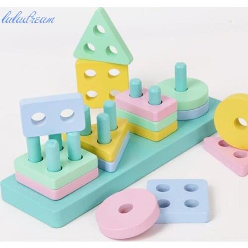 Montessori Geometry Shape Puzzles Wooden Colour Building Blocks Four Column Shapes Funny Games DIY Match Toys