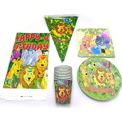 Jungle Animal Theme Birthday Party Napkins Flags Baby Shower Tablecloth Plates Cups Decorate Dishes Tableware set 51pcs/lot
