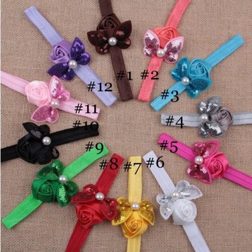 Yundfly 12 Colors Toddler Rose Flower Bow Newborn Headband Sequin Bow Elastic Kids Hairband Girls Headwear Decor Accessories
