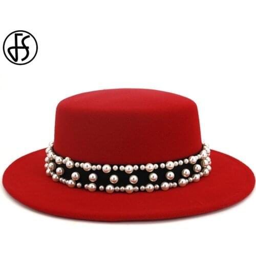 FS Pearl Ribbon Vintage Wide Brim Felt Wool Fedora Hat Women Flat Top Jazz Round Caps Bowler Elegant Lady Church Hats Black Red