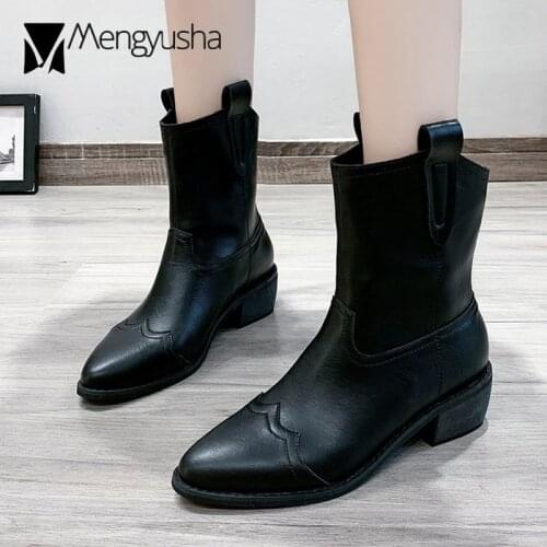 Western riding boots women wave sewing solid mid-calf botines chunky med high heels retro booties pointed toe motorcycle bottes