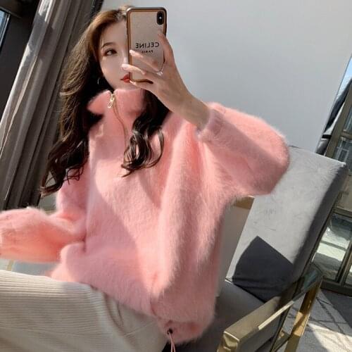 Stand Collar Zipper Sweater Women 2021 Spring New Loose Solid Color Long Sleeve Drawstring Knitted Pullover Sweaters