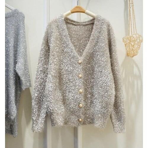 Korean Fashion Knit Sweater V-Neck Shiner Imitated Mink Cashmere Cardigan Pearl Button Design Chic Female Harajuku Sweater Coat