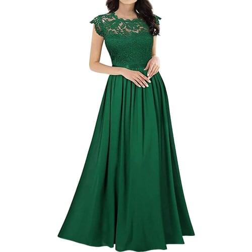 Women Long Dress Chiffon Dress Stitching Lace Female Bridesmaids Pure Color Round Neck Long Dresses Vestido Largo Femme #T1G