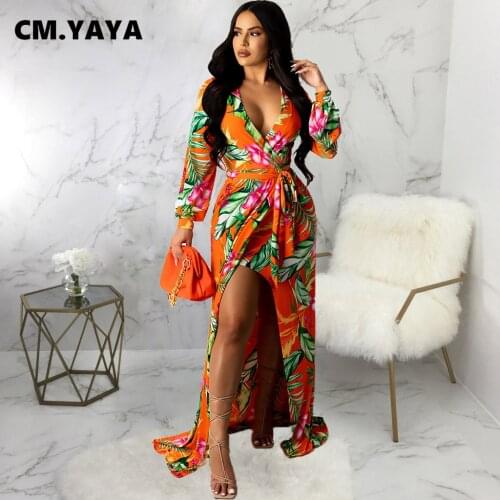 CM.YAYA Women Long Dress Print Full Sleeve V-neck Bandage Sashes Splited Maxi Dresses Sexy Vestidos Fashion Party Outfit Autumn