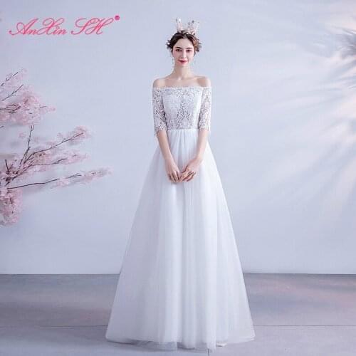 AXJFU vintage princess Sexy lace boat neck half sleeve Princess Bride seascape exterior backless zipper wedding dress 217